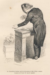El camaleón declara que está feliz y orgulloso de estar siempre de acuerdo con todos. Viñetas ilustradas por JJ Granville. Grabado firmado por Caque en el prólogo titulado "Resumen parlamentario" escrito por PJ Stahl en "Escenas de la vida privada y públic de Grandville