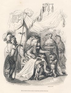 Los jóvenes leones reciben la bendición del rey león. Viñetas ilustradas por JJ Granville. Grabado firmado por Breviere en la parte titulada "Viaje de un león de África a París" escrito por Honoré de Balzac en "Escenas de la vida privada y pública de los a de Grandville