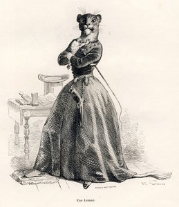 Leona con una pistola y un látigo. Viñetas ilustradas por JJ Granville. Grabado firmado por Andrew, Best y Leloir en la parte titulada "Viaje de un león de África a París" escrito por Honoré de Balzac en "Escenas de la vida privada y pública de los animale de Grandville