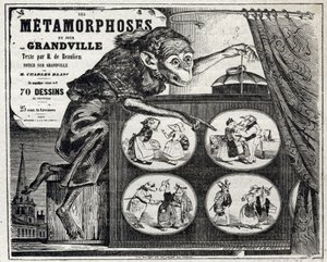 Literatura. La Metamorfosis Diaria, por el caricaturista Jean Jacques Grandville. Cartel, Francia de Grandville