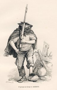 Lobo en centinela. Viñetas ilustradas por JJ Granville. Grabado firmado por Andrew, Best y Leloir en la parte titulada "Viaje de un gorrión de París" escrito por George Sand en "Escenas de la vida privada y pública de los animales". París, J. Hetzel y Paul de Grandville