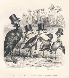 Oficio de ganso consistente en llevar a los alumnos al campo. Los gansos se alejan de su hijo. Viñetas ilustradas por JJ Granville. Grabado firmado por Breviere en la parte titulada "Guía-asno para el uso de los animales que quieren alcanzar los honores" e de Grandville