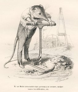 Ratón perforando el suelo. Viñetas ilustradas por JJ Granville. Grabado firmado por Breviere en la parte titulada "Recuerdos de una vieja corneja" escrito por PJ Stahl en "Escenas de la vida privada y pública de los animales". París, J. Hetzel y Paulin de Grandville