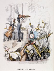 Músicos transformados en máquinas y dando un "Concierto a vapor" - en "Un otro mundo" de Grandville, finales del siglo XIX