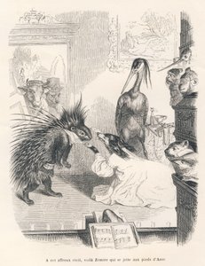 Ópera con un puercoespín, un perro y una garza en escena. Viñetas ilustradas por JJ Granville. Grabado firmado Godard en la parte titulada "El primer folletín de Pistolet" escrito por Jules Janin en "Escenas de la vida privada y pública de los animales"
