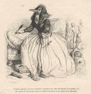 Urraca escribiendo con una pluma y sosteniendo un cigarrillo en la otra mano. Viñetas ilustradas por JJ Granville. Grabado firmado Andrew, Best y Leloir en la parte "Historia de una liebre" escrito por PJ Stahl en "Escenas de la vida privada y pública de l de Grandville