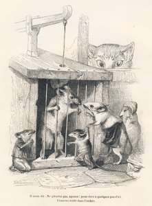 Piege : Chat guetant des souris venues pleurer celui qui a ete fait prisonnier de Grandville