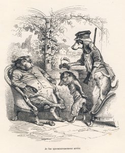 Zorro arrestado por un perro. Viñetas ilustradas por JJ Granville. Grabado firmado por Godard en la parte titulada "Un zorro atrapado en la trampa" escrito por Charles Nodier en "Escenas de la vida privada y pública de los animales". París, J. Hetzel y Pau de Grandville