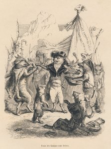 Revolución de los lobos y libertad y derecho del lobo. Viñetas ilustradas por JJ Granville. Grabado firmado por Godard en la parte titulada "Viaje de un gorrión de París" escrito por George Sand en "Escenas de la vida privada y pública de los animales". Pa de Grandville