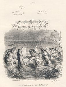 Ronda de animales acuáticos y libélulas. Viñetas ilustradas por JJ Granville. Grabado firmado Andrew, Best y Leloir en la parte titulada "Recuerdos de una vieja corneja" escrito por PJ Stahl en "Escenas de la vida privada y pública de los animales". París, de Grandville