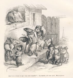 Ratón haciendo caridad a un cerdo. Viñetas ilustradas por JJ Granville. Grabado firmado por Andrew, Best y Leloir en la parte titulada "El ratón filósofo" escrito por Edouard Lemoine en "Escenas de la vida privada y pública de los animales". París, J. Hetz de Grandville