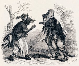 El gato y el zorro (Le chat et le renard) - Fábulas de La Fontaine de Grandville