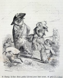 Las dos liebres pequeñas, su hermana y el búho - por Grandville de Grandville