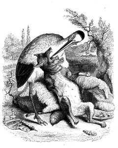 El lobo y la cigüeña: Fábula de La Fontaine ilustrada por Grandville. Edición Garnier 1860. La cigüeña es representada como un médico (¡recompensa equivocada para su desenlace!) de Grandville (1803 47)
