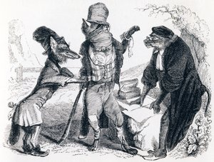 El lobo demandando al zorro ante el mono - Fábulas de La Fontaine de Grandville
