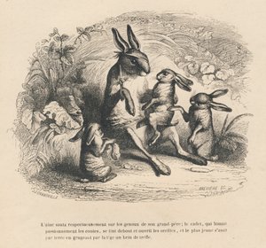 Tres niños conejos escuchando a su abuelo herido contar historias. Viñetas ilustradas por JJ Granville. Grabado firmado por Breviere en la parte "Historia de una liebre" escrito por PJ Stahl en "Escenas de la vida privada y pública de los animales". París