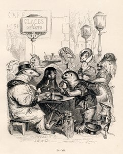 Un café frecuentado por animales de todos los géneros. Viñetas ilustradas por JJ Granville. Grabado firmado por Godard en la parte titulada "Viaje de un león de África a París" escrito por Honoré de Balzac en "Escenas de la vida privada y pública de los an de Grandville