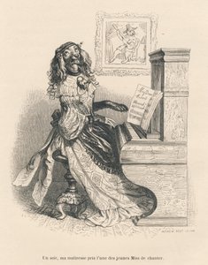 Un perro cantando al piano. Viñetas ilustradas por JJ Granville. Grabado firmado Andrew, Best y Leloir en la parte titulada "Penas de corte de una gata inglesa" escrito por Honoré de Balzac en "Escenas de la vida privada y pública de los animales". París de Grandville