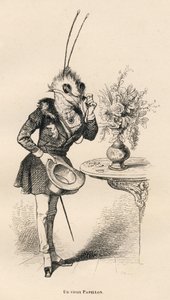 Un viejo mariposa mirando la hora con sus gafas. Viñetas ilustradas por JJ Granville. Grabado firmado por Breviere en la parte titulada "Las aventuras de una mariposa" escrito por PJ Stahl en "Escenas de la vida privada y pública de los animales". París, J de Grandville