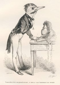 Vas a ser un gran sabio, y yo lo anunciaré al mundo. Viñetas ilustradas por JJ Granville. Grabado firmado por Tamisier en la parte titulada "Guía para animales que quieren alcanzar honores" escrito por Honoré de Balzac en "Escenas de la vida privada y públ de Grandville