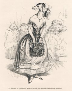 ... fuera del teatro, esos animales son aún más feos. Viñetas ilustradas por JJ Granville. Grabado firmado Godard en la parte titulada "El primer folletín de Pistolet" escrito por Jules Janin en "Escenas de la vida privada y pública de los animales" de Grandville