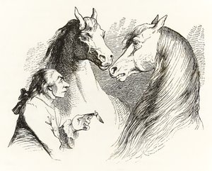 Gulliver conversa con caballos parlantes en la Tierra de los Houyhnhnms, de Los viajes de Gulliver de Jonathan Swift de Grandville