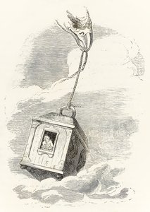 Gulliver escapa de Brobdingnag cuando su caja es agarrada por un águila que la deja caer en el mar, de Los viajes de Gulliver de Jonathan Swift de Grandville