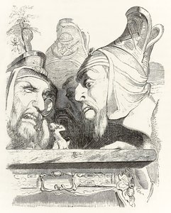 Gulliver es inspeccionado por los residentes de Brobdingnag, de Los viajes de Gulliver de Jonathan Swift de Grandville