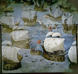 Batalla naval en las Azores (1571) – Conquista de la isla Tercera – Pintura al fresco 1585 – Restaurada de Granello Tavaron Castello y Cambiasso