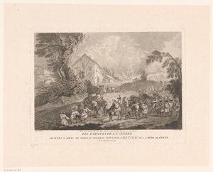 Paisaje con un grupo de soldados marchando Les Fatigues de la Guerre (título sobre objeto) Impresiones después de Antoine Watteau (título de la serie) L