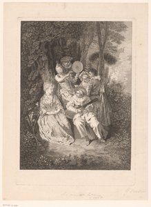 Paisaje del parque con figuras de teatro que le dan una serenata a una dama. La Serenade Italienne (título sobre objeto) Impresiones después de Antoine Watteau (título de la serie) L