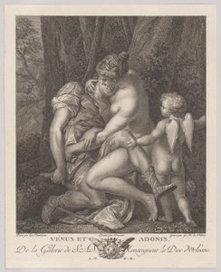 Venus llorando a Adonis, sentada bajo un árbol y abrazándolo, con Cupido a la derecha de Gérard René Le Vilain