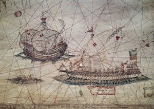 Galera y carabela portuguesa (detalle de la carta náutica del Mediterráneo)
