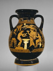 Pelike de figuras rojas de Apulia decorada con una escena de una novia en su tocador, el Grupo Suckling, encontrado en Basilicata, c.375-350 a.C. de Greek