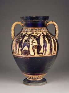 Ánfora ática de figuras negras atribuida a Lydos con Teseo matando al Minotauro, 550-40 a.C.