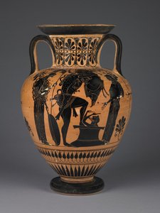 Ánfora ática de figuras negras con Heracles llevando el jabalí de Erimanto, c.510 a.C.