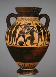 Ánfora de figuras negras áticas que muestra a Teseo y el Minotauro observados por seis jóvenes