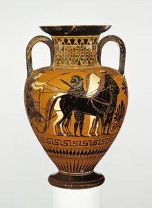 Ánfora de cuello de figuras negras áticas con apoteosis de Heracles