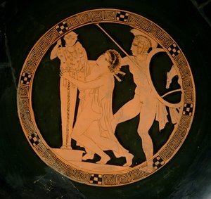 Copa de figuras rojas del Ático que representa a Casandra perseguida por Áyax buscando refugio junto a un xoanon de Atenea, c.430 a.C. de Greek