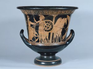 Ática kalyx krater de figuras rojas que representa a un hoplita partiendo para la guerra