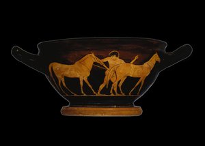 Skyphos de figuras rojas áticas, que representa a Heracles y las Yeguas de Diomedes de Greek