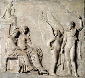 El príncipe de Esparta París seduce a Helena de Troya, Afrodita está representada. Relieve de mármol de un original griego. Siglo I a.C. Museo Arqueológico Nacional, Nápoles de Greek