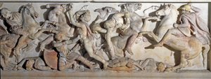 Arte griego: sarcófago de Alejandro Magno. Vista de los relieves que representan la Batalla de Issos en 333 a.C. entre griegos y persas. De la necrópolis fenicia de Sidón de Greek