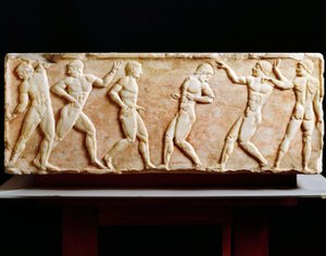 Civilización griega, estela que representa atletas en el gimnasio, de la necrópolis de Kerameikos en Atenas, Grecia, 510 a.C. de Greek