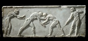 Arte griego: base de kouros representando luchadores durante una pelea. Relieve de mármol, 510-500 a.C. - Atenas, museo arqueológico