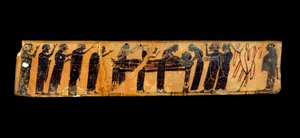 Arte griego: fragmento de un vaso con figuras negras en cerámica representando una ceremonia funeraria: representación del cuerpo del difunto y de las lamentaciones obligadas alrededor del lecho mortuorio, siglo VI a.C.
