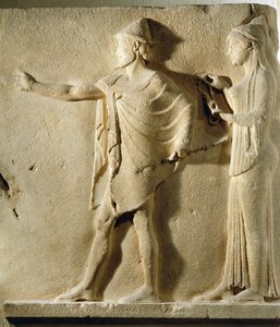 Hermes agoraios y una Caridad, relieve del Pasaje de los Theores, de Thasos, c.470 a.C.