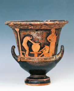 Crátera que muestra escena de alfarero trabajando bajo la mirada de Atenea, cerámica de figuras rojas de Sicilia, Italia, Magna Grecia, siglo V a.C. de Greek