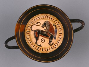 Kylix de figuras negras laconianas atribuido al pintor Hunt, c.540 a.C. (terracota) de Greek