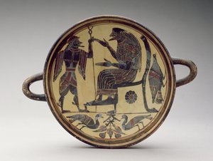 Copa Kylix laconiana que representa a Zeus y Hermes, c.550-530 a.C. (arcilla)